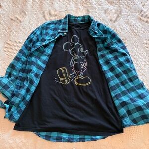 Plaid Shirt Graphic Tee Combo Set Disney Mickey American Eagle Blue Plaid Sz XL
